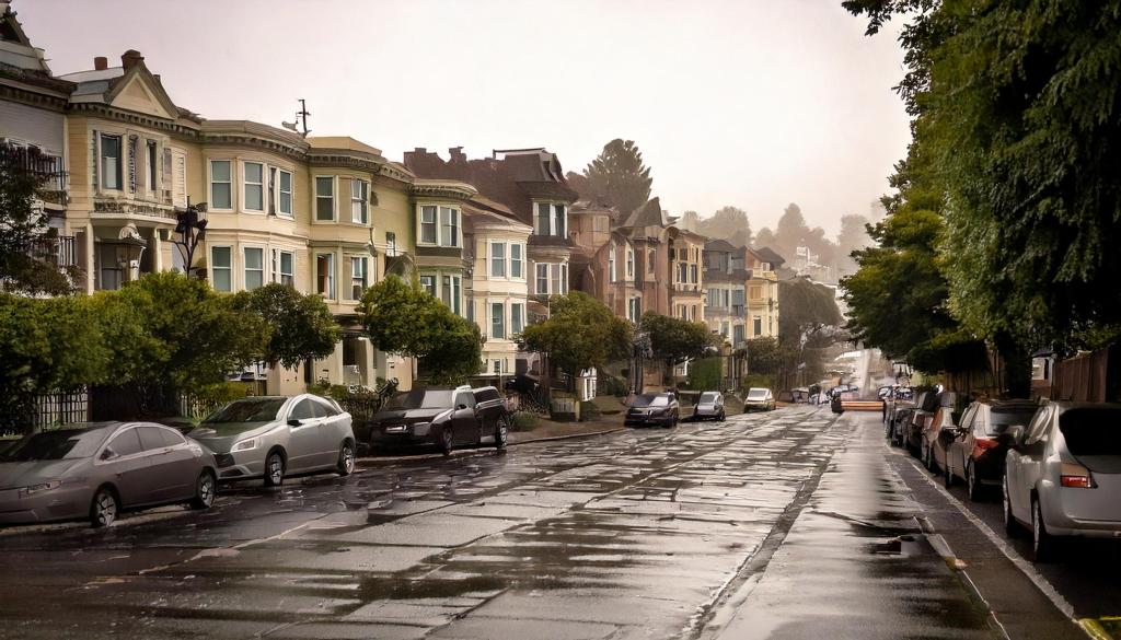 A computer-generated image of a street in San Francisco, after a rain storm, with wet streets. The sky is grey making it feel cold and damp.