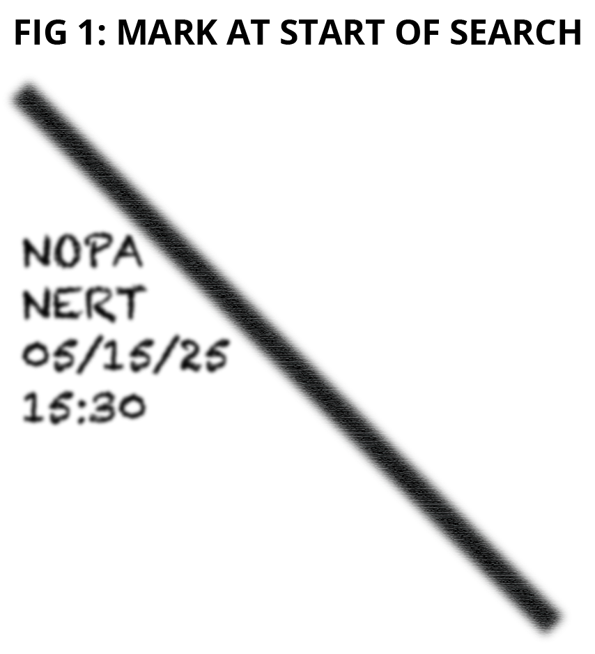 An illustration of a FEMA search marking, with one slash of the "X" drawn, along with a text note the search team and the search start date and time.