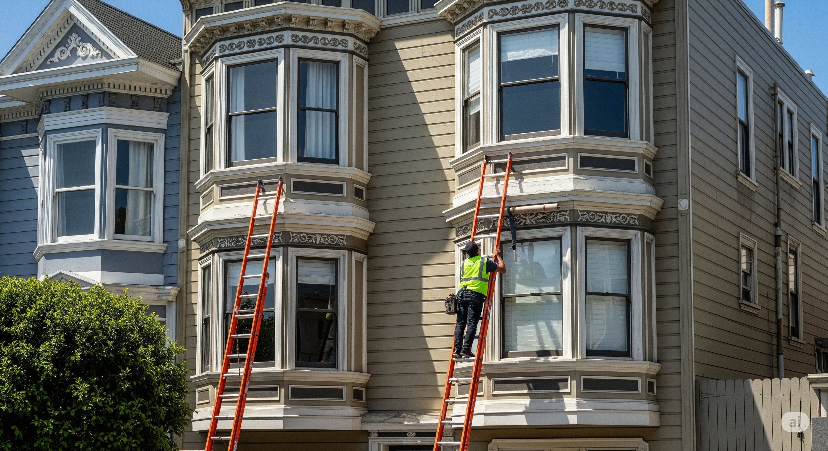 A photo of a Dan Francisco residence, with a ladder resting on a bay window with a person standing on the ladder, working on the house.