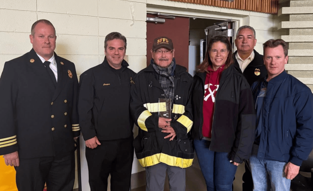 A photo of San Francisco Fire Department members: Assistant Deputy Chief Marc Kasper, Chief of Department Dean Crispen, Commissioner Stephen Nakajo, Assistant Deputy Chief Erica Arteseros-Brown, Battalion Chief Luis Ibarra-Rivera, Deputy Chief Patrick Rabbitt.